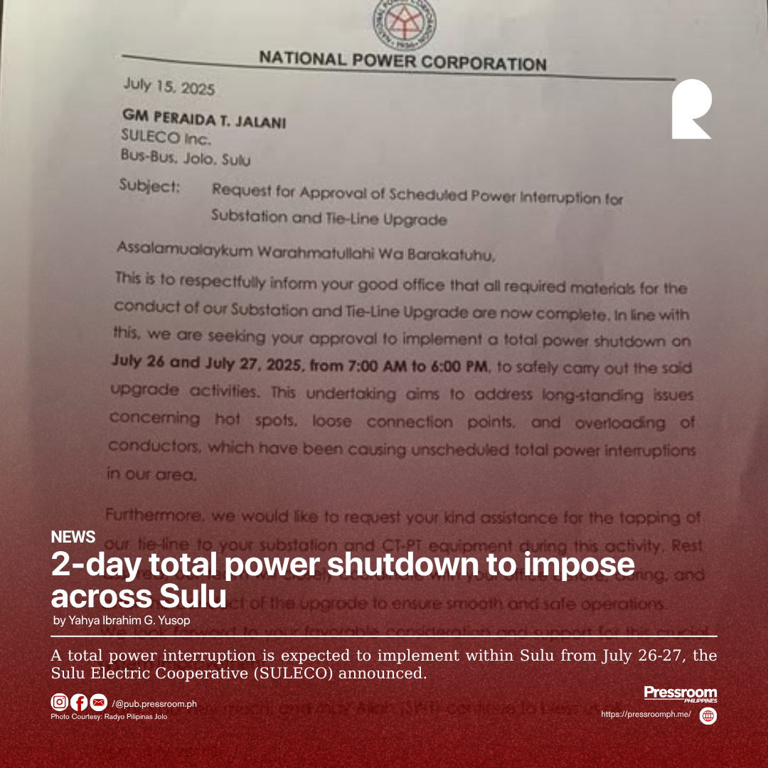 2-day total power shutdown to impose across Sulu