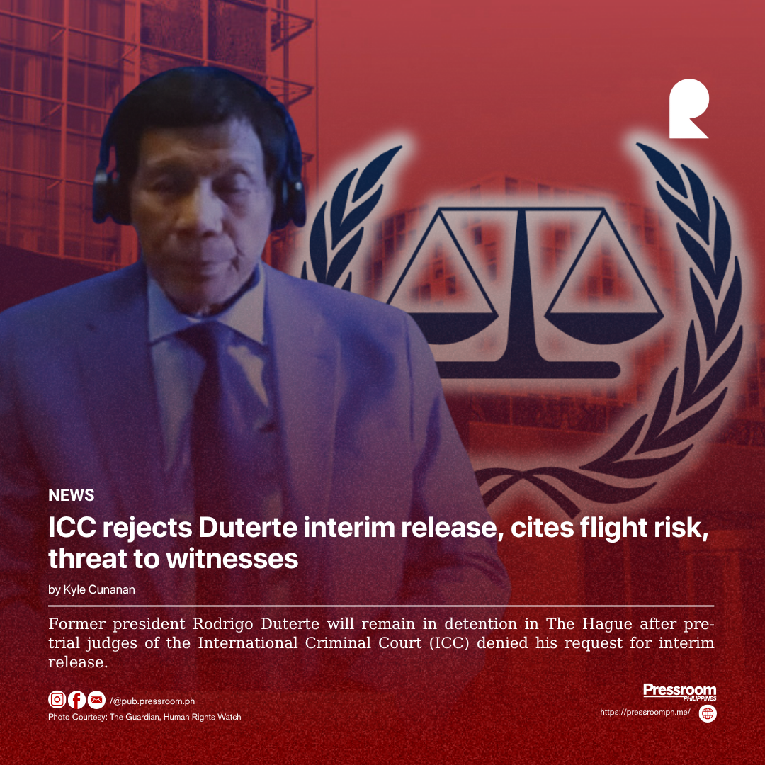ICC rejects Duterte interim release, cites flight risk, threat to witnesses