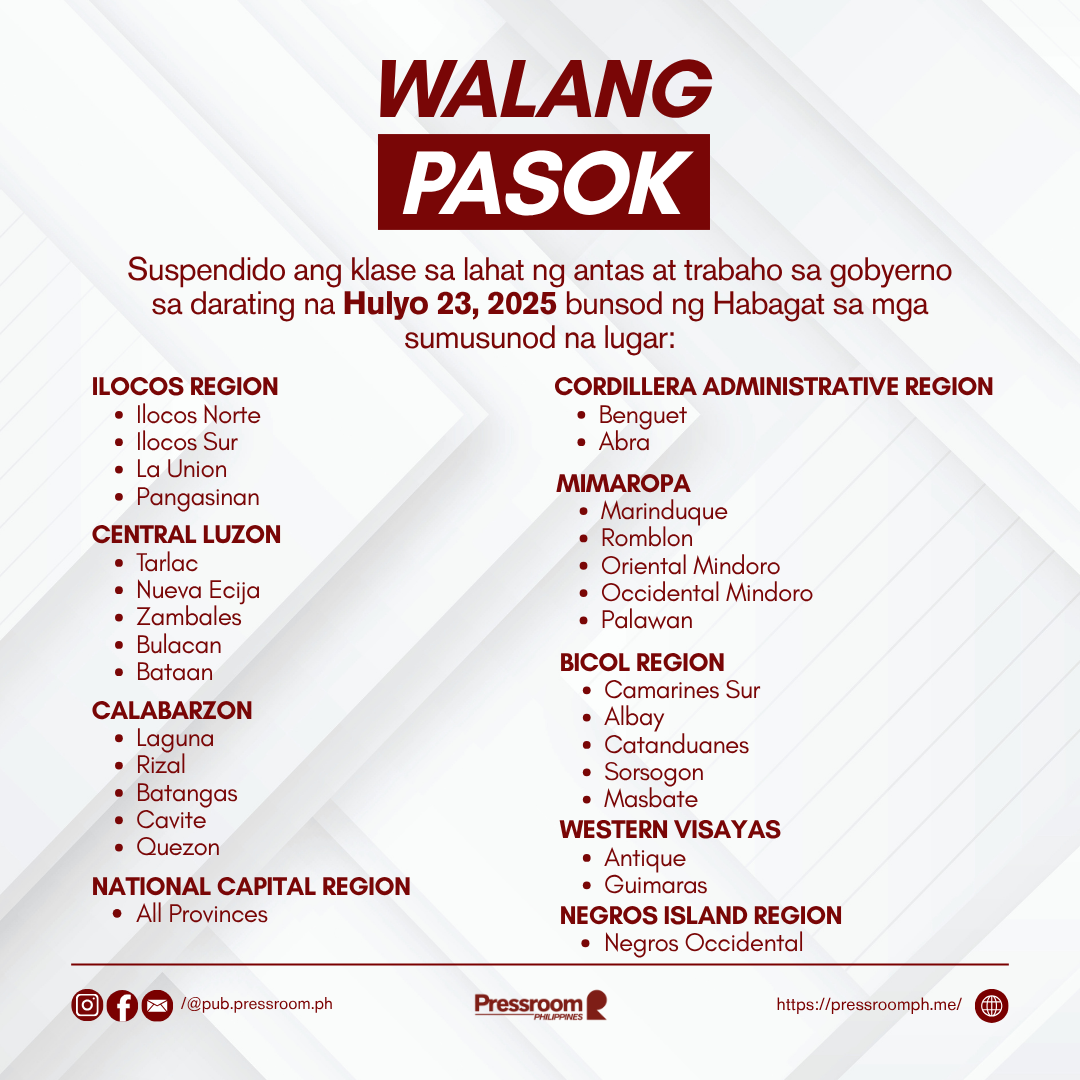Klase, trabaho sa ilang bahagi ng Pinas sinuspende ng Malacañang