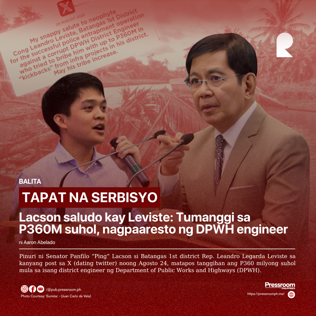 TAPAT NA SERBISYO: Lacson saludo kay Laviste: Tumanggi sa P360M suhol, nagpaaresto ng DPWH engineer 