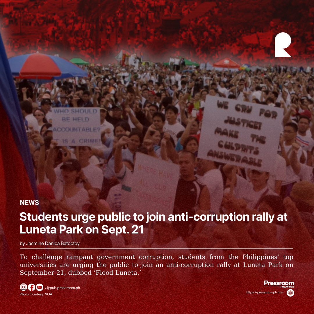 Students urge public to join anti-corruption rally at Luneta Park on Sept. 21