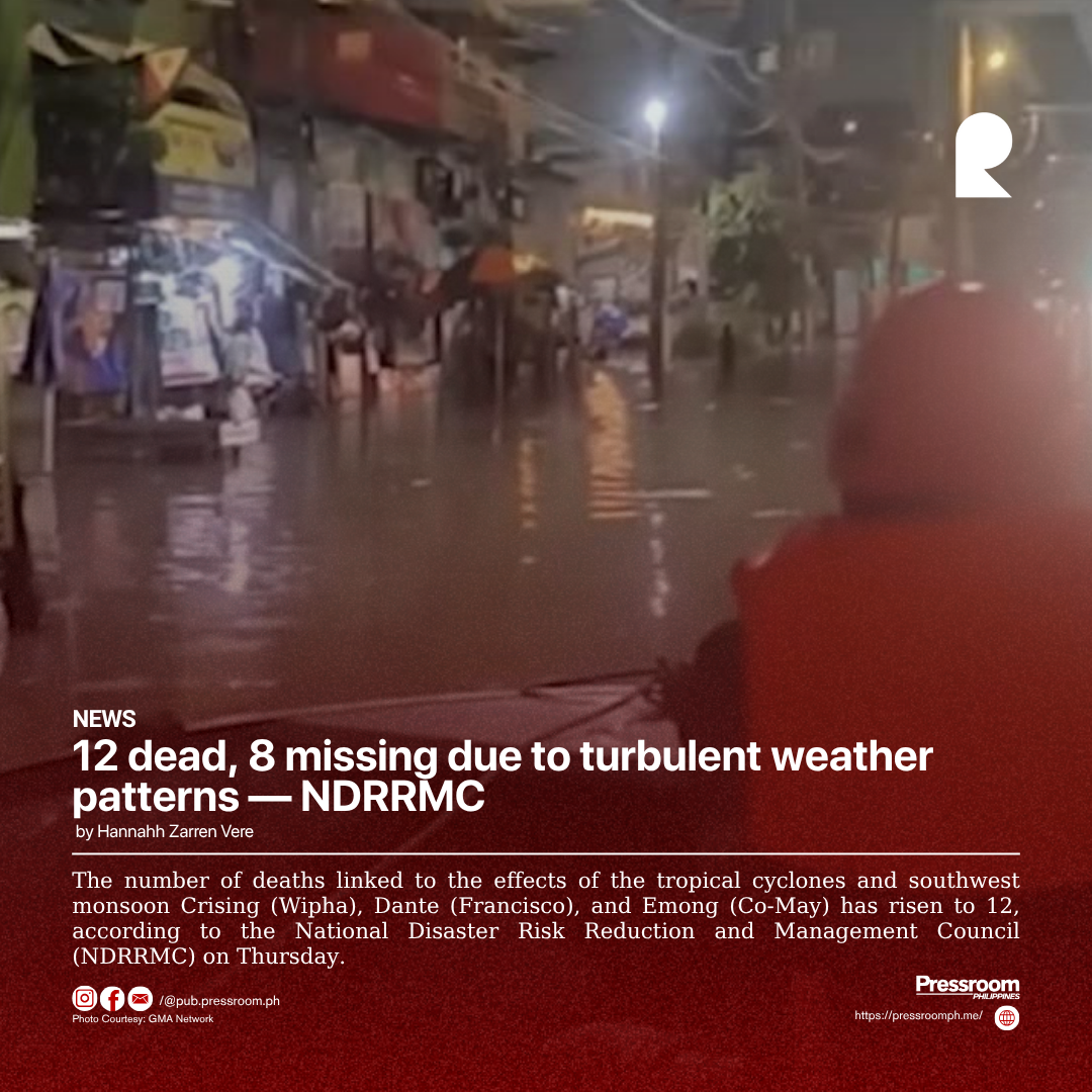 12 dead, 8 missing due to turbulent weather patterns — NDRRMC