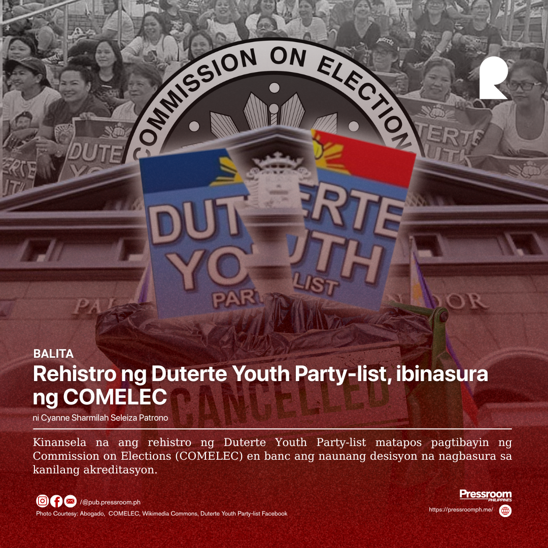 Rehistro ng Duterte Youth Party-list, ibinasura ng COMELEC